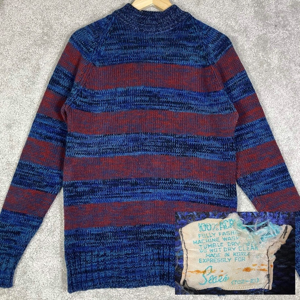 Vintage 70s Sears Striped Knit Sweater Blue Red Space Dye Mock Neck Raglan